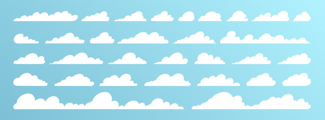 Set of cartoon clouds in flat design. Collection of white tilted clouds on a blue background.