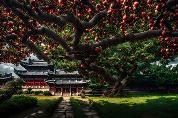 Fototapeta premium Japanese temple in garden with blossoms