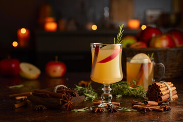Obraz na płótnie Canvas Mulled cider with apples, cinnamon, rosemary, and anise on a background of burning candles.