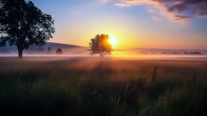Foto auf Acrylglas Morgen mit Nebel sunset in the field