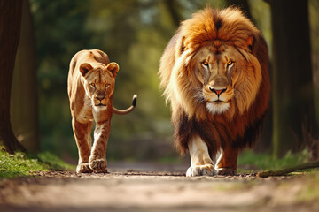 Male lion and lioness in the nature. Walking proudly having a family in safari, savanna in Africa,...