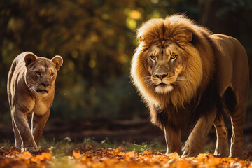 Male lion and lioness in the nature. Walking proudly having a family in safari, savanna in Africa,...