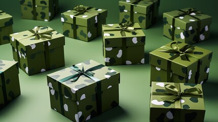 Camouflage military gift boxes with confetti on green table. Defender of the Fatherland Day - obrazy, fototapety, plakaty