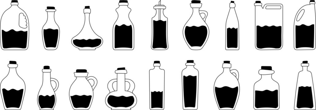 Set of various bottles with oil. Glass bottles of different shapes with different virgin oils. Vector black icons on white background