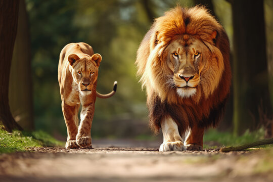 Male lion and lioness in the nature. Walking proudly having a family in safari, savanna in Africa, Tanzania, Kenya.