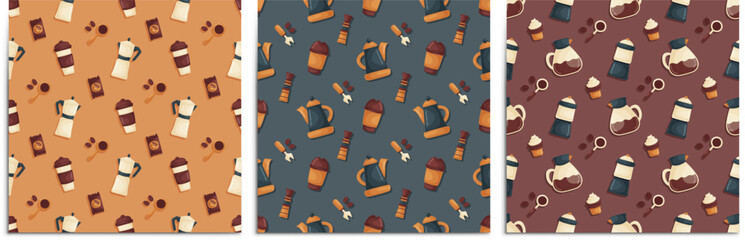 A set of seamless patterns with elements on the theme of brewing coffee. Teapots, coffee makers, desserts, coffee beans and barista tools. Vector Cartoon style.