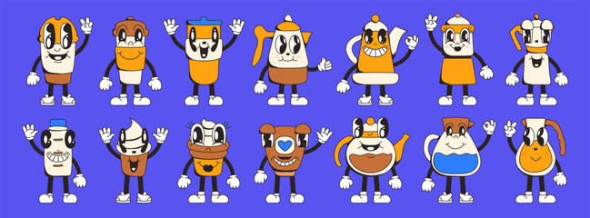 Set of cute characters for a coffee shop in retro cartoon style. Paper cups for hot drinks, coffee makers, cakes, teapots and glass jugs of coffee and drinks.