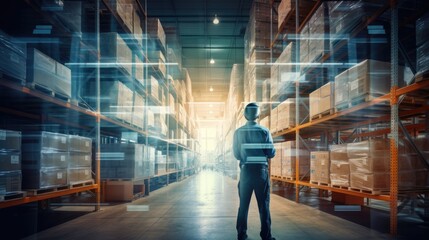 Double exposure foreman worker wear helmet and security vase using digital technology online tablet check goods stock standing in store warehouse with shelves, distribution logistic business industry