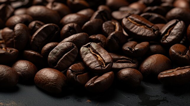 Dark espresso coffee beans on black background Strong black caffeine drink Closeup isolated ingredient