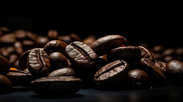 Dark espresso coffee beans on black background Strong black caffeine drink Closeup isolated ingredient
