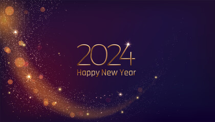 New year background. Happy 2024 gold glitter, confetti and eve lights, award card or party banner. Golden sparkles in night. Winter holidays celebration. Luxury design. Vector template