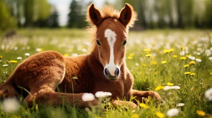 Fotobehang Beautiful brown foal lying on green grass field © Daniel