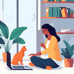 a woman taking a break from work to pet her cat, emphasizing the stress-relief benefits of having a pet in the workplace