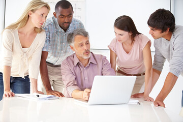 Business people, planning and teamwork on computer for website design collaboration, manager...