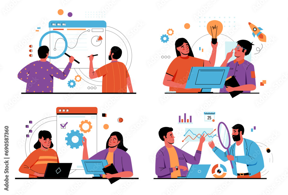 Poster People signing contracts. Man with magnifier reading business document. Agreement audit. Woman analyzing project infographics. Mistakes and fraud search. Papers revision. Vector concept