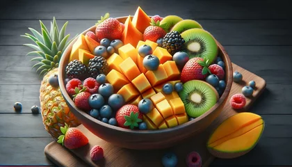 Poster AI illustration of a bowl of fresh and colorful fruits sitting atop a wooden table. © Wirestock