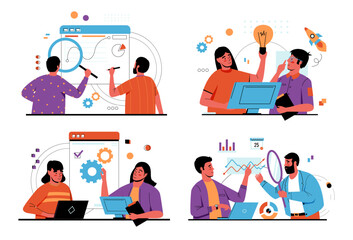 People signing contracts. Man with magnifier reading business document. Agreement audit. Woman analyzing project infographics. Mistakes and fraud search. Papers revision. Vector concept