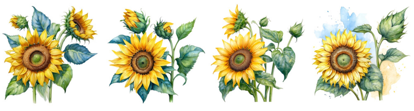 Set of Watercolor sunflower  Clipart on transparent background