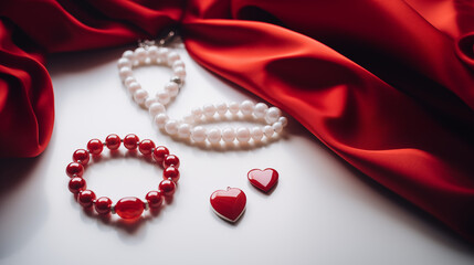 Luxurious exquisite background with expensive jewelry and red hearts on white background. Love, romance, wedding, valentine's day. Copy space.