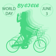 Happy woman on bike. Bicycle Day banner. Girl riding on cycle. Cyclists celebration event. Clean eco transport. World travel. Female silhouette. International holiday vector card design