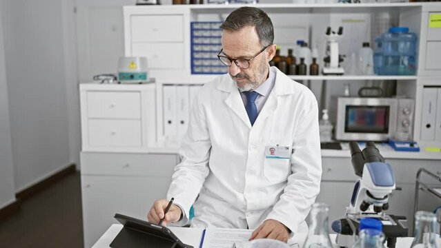 Smiling grey-haired middle age man, a lab scientist, confidently writing on his touchpad at the laboratory