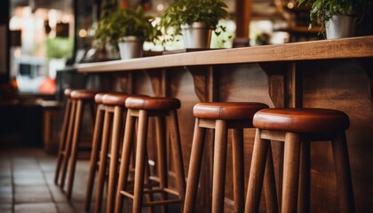 A Lineup of Wooden Stools Next to a Bar