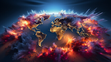 Colorful worldmap - Globe Map Silhouette in Flame Flare. Stop Fires Concept.  Ai
