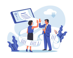 Contract signature. Partners signing documents. Businessman negotiation. Business partnership. Office people handshaking. Smartphone technology. Electronic agreement. Vector concept