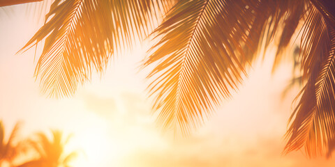 Fototapeta na wymiar Golden Background With Palm Tree Summer vacation and nature travel adventure concept tropical palm tree on sunset sky and clouds.AI Generative
