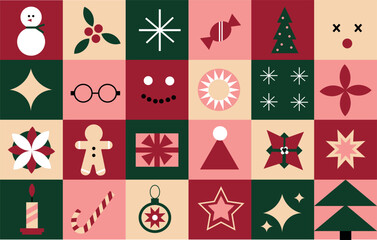 Christmas  seamless pattern. Minimal mosaic geometric elements ornamental square tiles, simple shapes forms, gift box packaging design. Vector background.