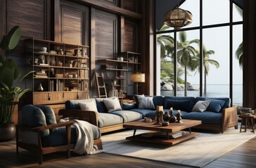 Obraz premium Spacious and Comfortable Tropical Themed Living Room with Dark Wooden Furniture and Beach View