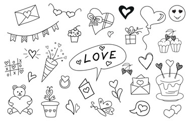 Fototapeta premium Cute valentine`s day doodle vector set. Hand drawn fashion elements. Love, latter with hearts, cake, flowers, balloon, gift boxes, smile, teddy bear.