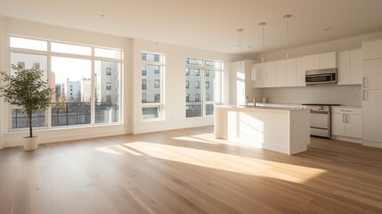 an empty kitchen and living room in a new apartment with white walls, hardwood flooring and light wood floors