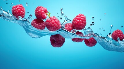 raspberry floating isolated on blue background