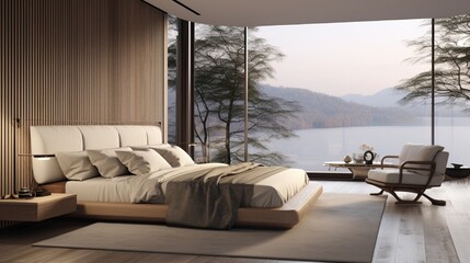 A 3d rendering of Modern Design Bedroom with landscape view