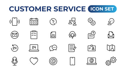 Customer service icon set. Containing customer satisfied, assistance, experience, feedback, operator and technical support icons.Thin outline icons pack.