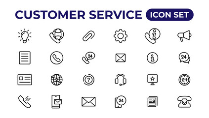 Customer service icon set. Containing customer satisfied, assistance, experience, feedback, operator and technical support icons.Thin outline icons pack.