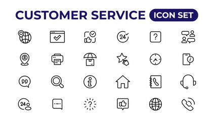 Customer service icon set. Containing customer satisfied, assistance, experience, feedback, operator and technical support icons.Thin outline icons pack.