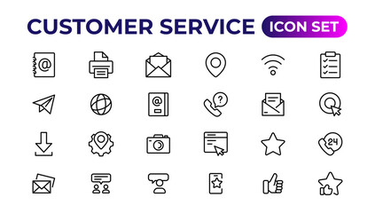 Customer service icon set. Containing customer satisfied, assistance, experience, feedback, operator and technical support icons.Thin outline icons pack.