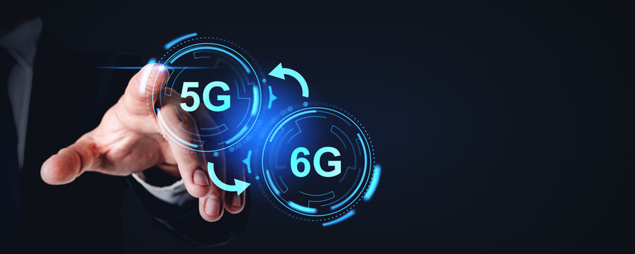 Businessman finger touch 5G and 6G icons with arrows, internet technology
