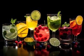 Assortment of multicolored strong and low alcoholic beverages with a lime, lemon and garnishes, fresh summer cocktail bar beverages.