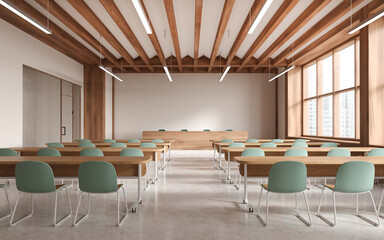 White lecture hall interior with tables