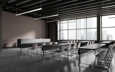 Stylish business meeting interior with chairs in row and panoramic window