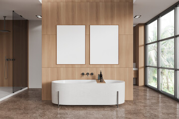 Cozy bathroom interior with bathtub, shower and panoramic window. Mockup frame