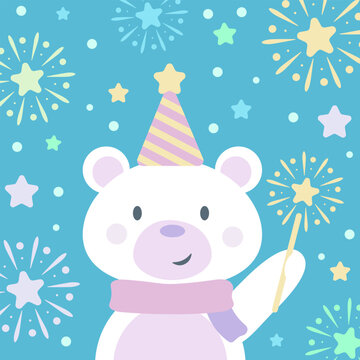 Cute polar bear with a sparkler and fireworks, new year clip art flat illustration, festive decoration or greetings card background design