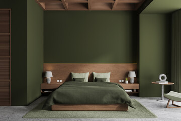 Green home bedroom interior with bed and minimalist decoration. Mock up wall