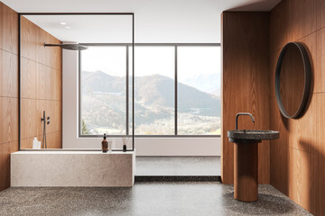 Wooden hotel bathroom interior with shower and sink, panoramic window