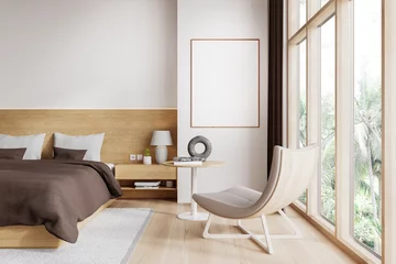 Foto op Plexiglas Stylish hotel bedroom interior with bed, armchair and window. Mockup frame © ImageFlow