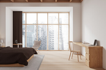 White bedroom interior with workplace