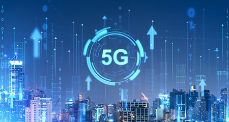 Bangkok skyscrapers and 5G icon with rising arrows, smart city connection